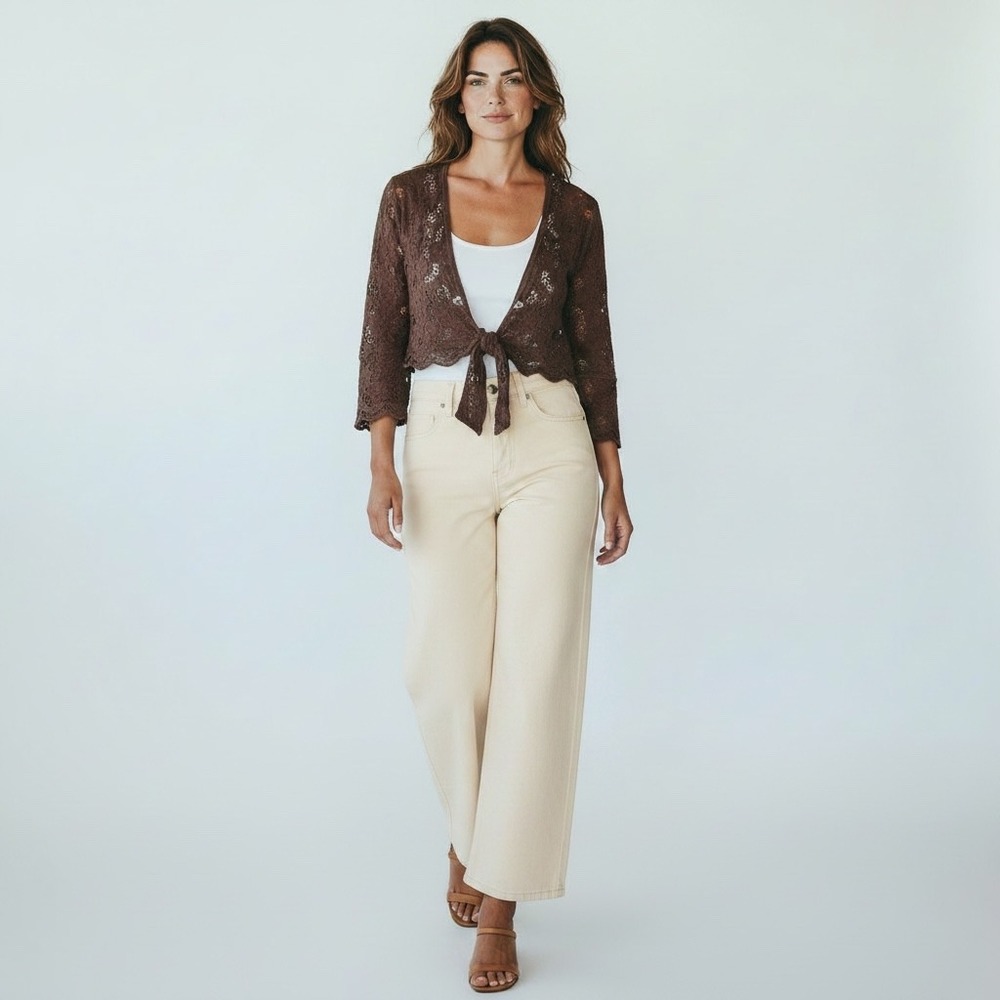 House of Harlow 1960 Crochet Wrap OS Brown Floral Lace Bell Sleeve NWT Boho
